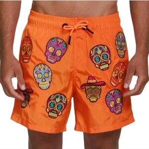 Bain De Mer France Men's Orange Mexican Sugar Skull Luxury Resort Swimwear